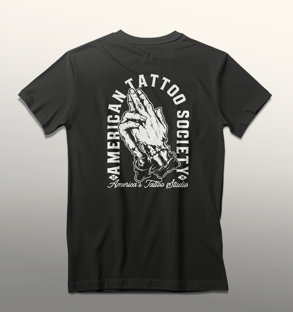 ATS Bang Bang Praying Hands - American Tattoo Society Sleeve T-Shirt