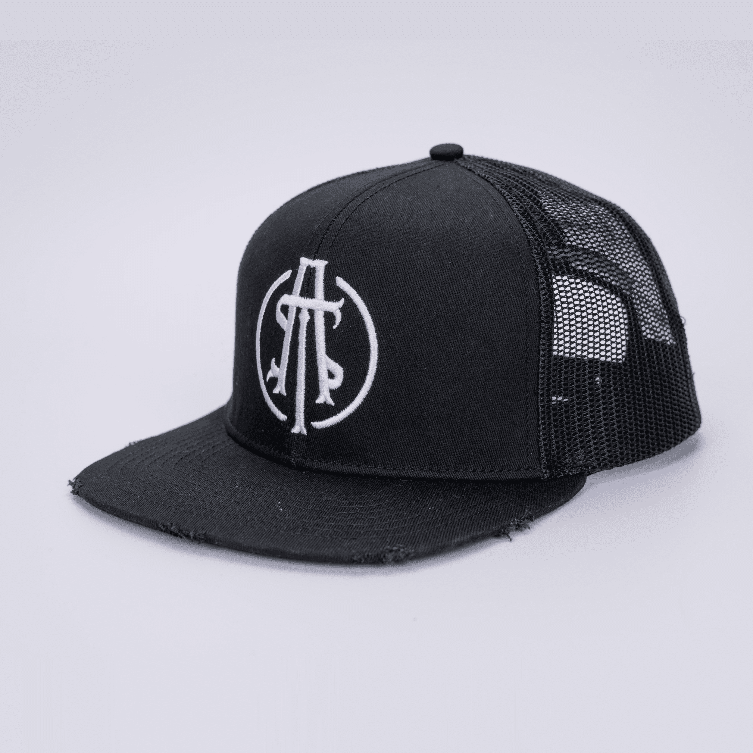 ATS Icon Distressed Black Mesh Snapback Trucker Cap