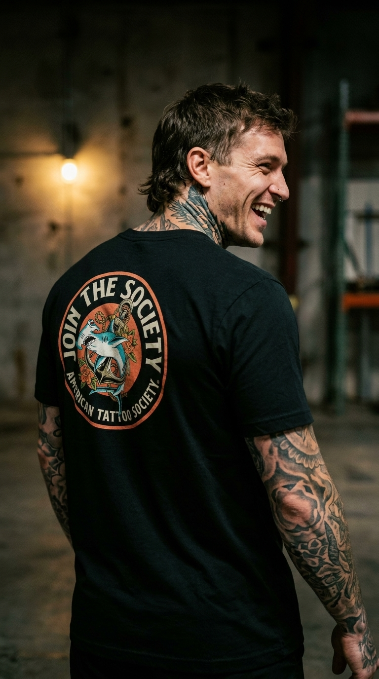 Join the Society Hammerhead - Oceanic Conflict - American Tattoo Society Sleeve T-Shirt