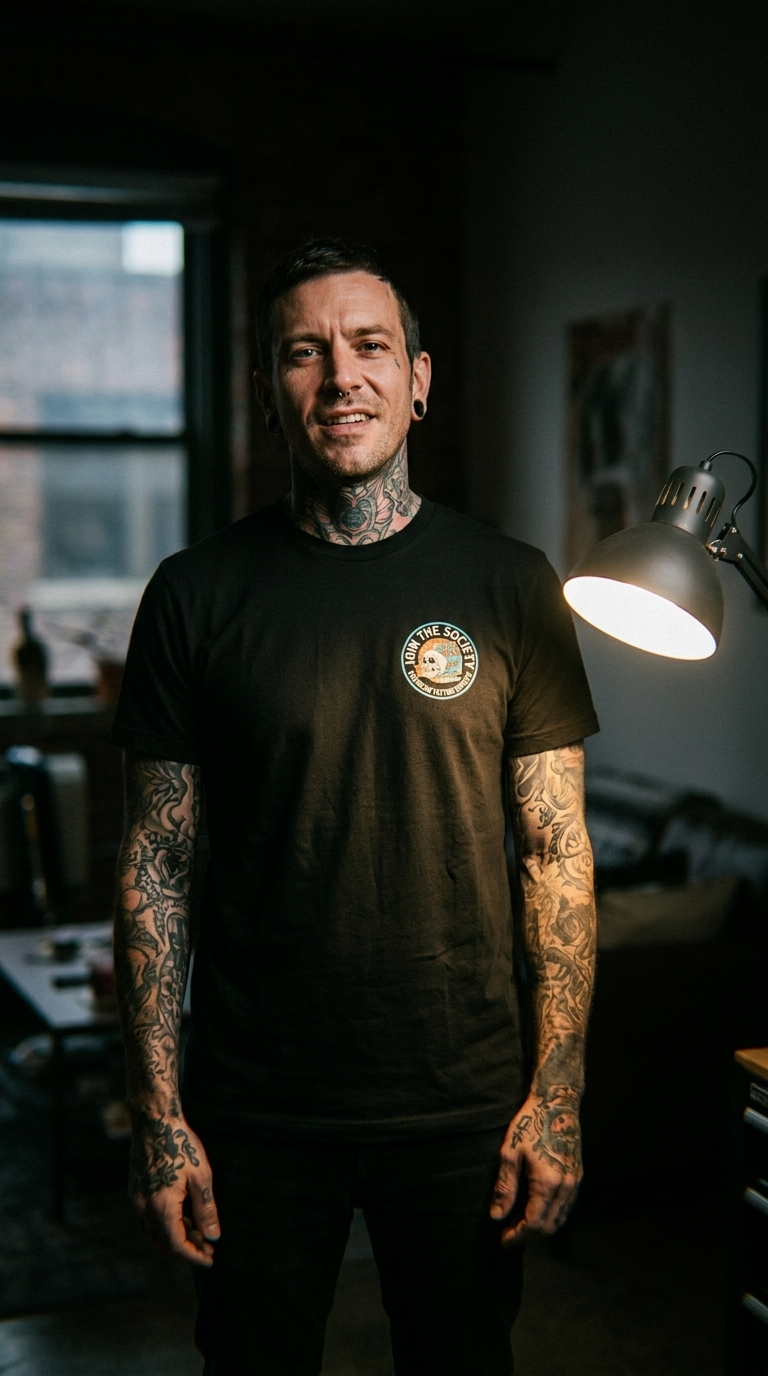 Join the Society Crayon Eaters - Crayon Conflict - American Tattoo Society Sleeve T-Shirt
