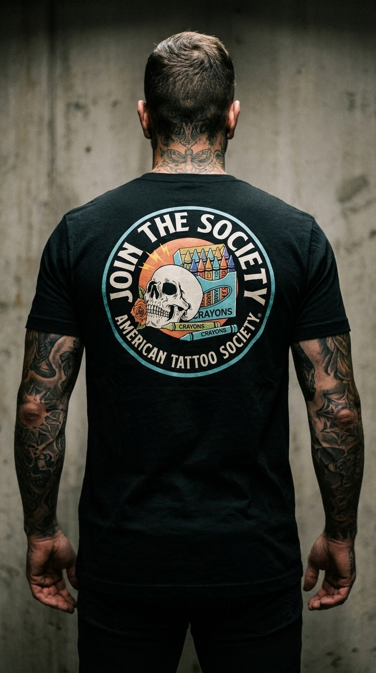 Join the Society Crayon Eaters - Crayon Conflict - American Tattoo Society Sleeve T-Shirt