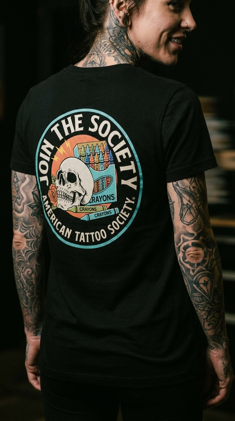 Join the Society Crayon Eaters - Crayon Conflict - American Tattoo Society Sleeve T-Shirt