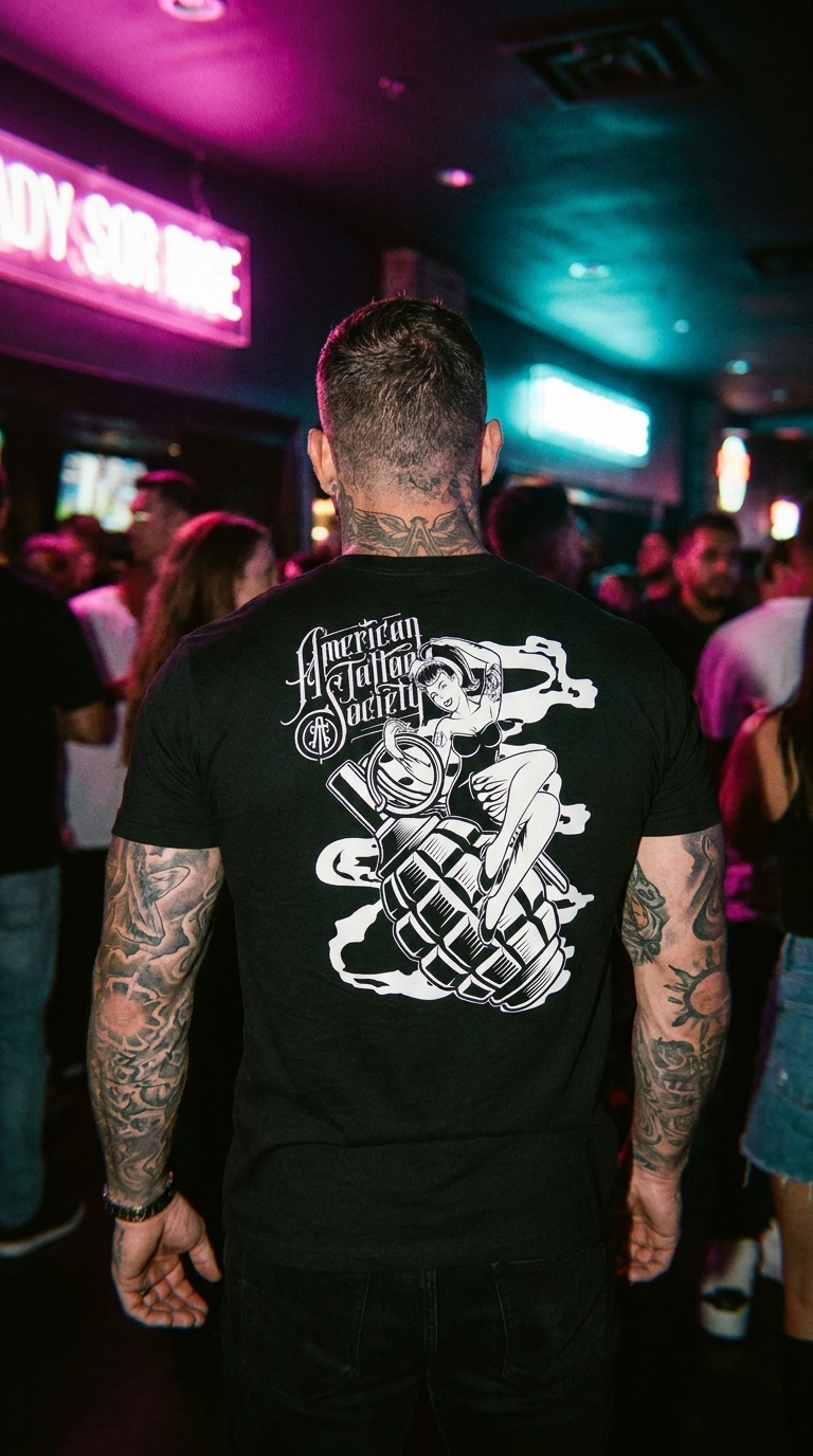 ATS Bomb Pinup - American Tattoo Society Sleeve T-Shirt