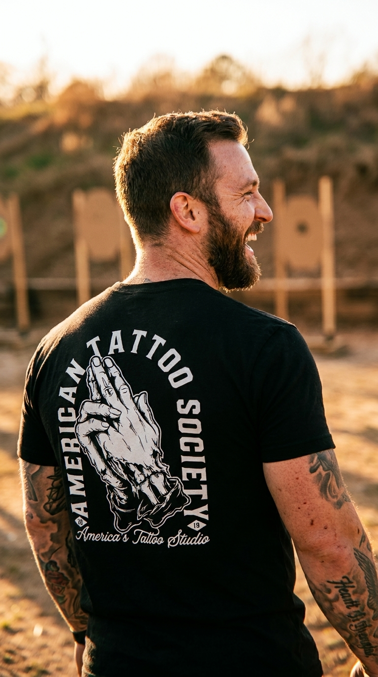 ATS Bang Bang Praying Hands - American Tattoo Society Sleeve T-Shirt