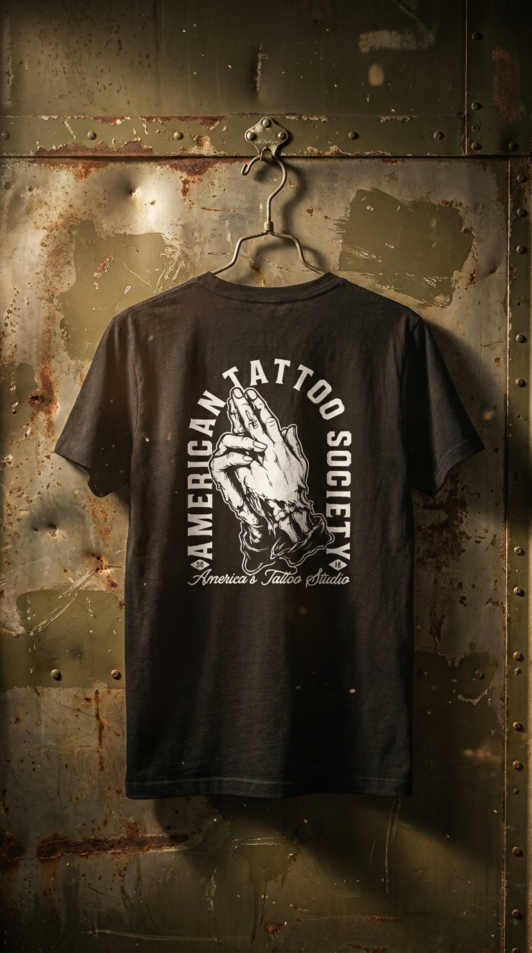 ATS Bang Bang Praying Hands - American Tattoo Society Sleeve T-Shirt